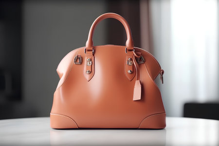 Orange leather bag on the table in the office. 3d renderingの素材