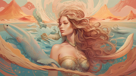 Beautiful mermaid with a fish in the ocean. Fantasy illustration.の素材