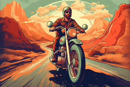 Motorcyclist on the road in the mountains. Retro style vector illustration.の素材