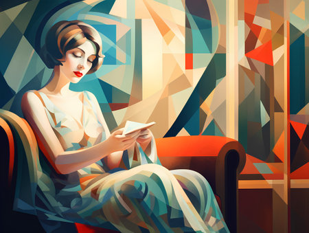 Portrait of a beautiful young woman sitting in an armchair and reading a bookの素材