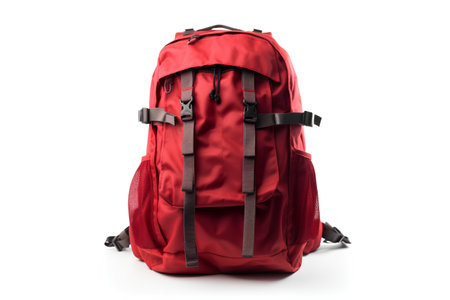 Red backpack isolated on white background. Backpack for travelling, hiking, camping and trekking.の素材