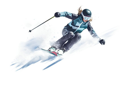 Freestyle skier in action, isolated on white background. Watercolor painting.の素材
