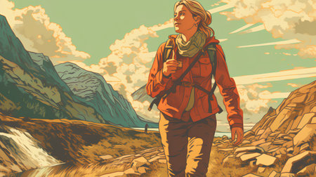 Hiking woman in the mountains. Vector illustration in retro style.の素材