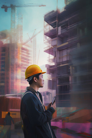Double exposure of asian engineer wearing safety helmet and holding walkie talkie with construction site backgroundの素材