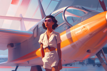 Beautiful young woman in front of an airplane. 3d renderingの素材