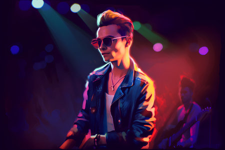 Portrait of a handsome young man in sunglasses and leather jacket. Rock band.の素材