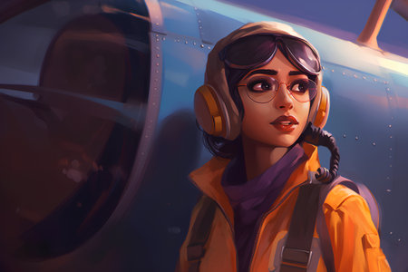 Portrait of a beautiful young woman in a pilot's helmet.の素材