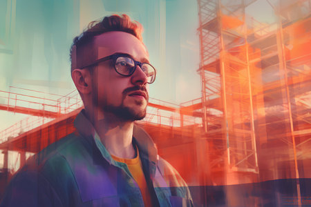 Portrait of a handsome young man with glasses and a beard on a construction site.の素材