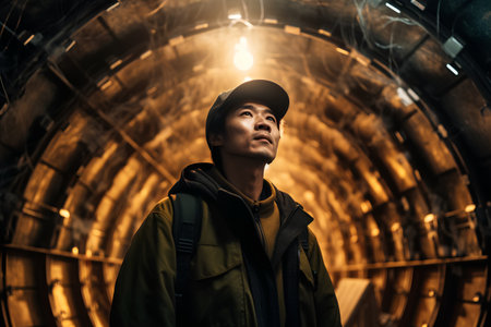 Portrait of a young man in a cap with a backpack in a tunnel.の素材