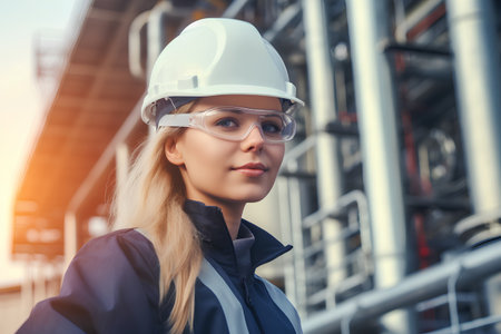 Portrait of a young female engineer in a white helmet on the background of a modern buildingの素材