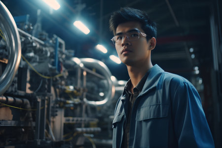 portrait of young asian man engineer looking at camera in factoryの素材