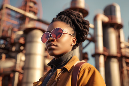 Young african american woman in sunglasses and yellow jacket on industrial backgroundの素材