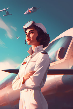 Beautiful young woman in a white dress and a hat of a pilot. 3d renderingの素材