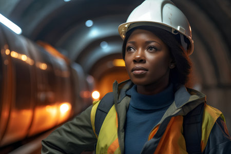 Portrait of african american female worker in safety helmet. Industrial concept.の素材