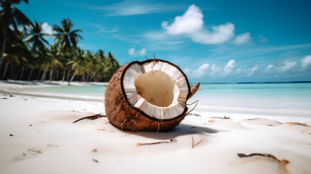 Coconut on the beach with palm trees in the background.の素材