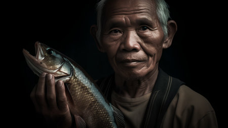 Portrait of a senior asian fisherman holding a fish on black backgroundの素材