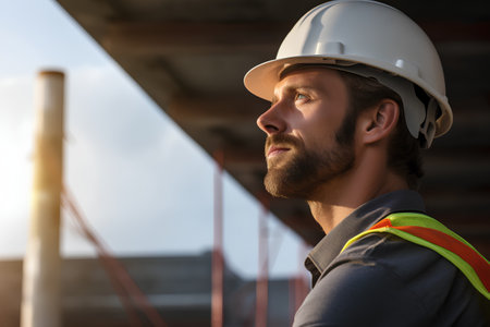Portrait of a male construction worker on the background of a construction siteの素材