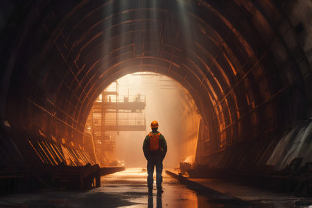 Industrial worker standing at the end of the tunnel. This is a 3d render illustrationの素材