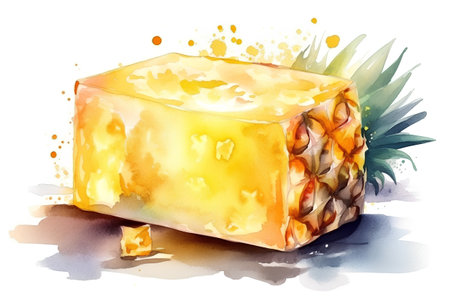 Hand drawn watercolor illustration of a piece of hard cheese with pineappleの素材