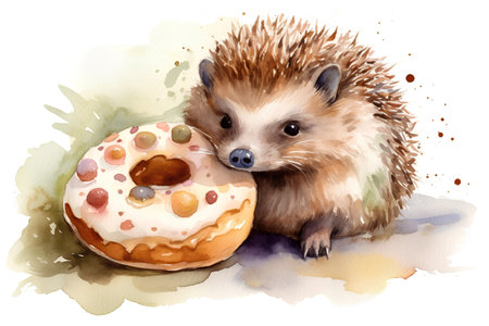Watercolor hand drawn illustration of cute hedgehog with donut.の素材
