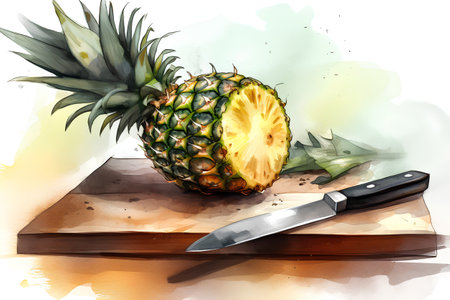 Pineapple and knife. Hand drawn watercolor illustration isolated on white backgroundの素材