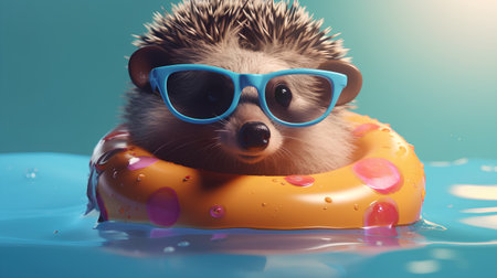 funny hedgehog in sunglasses swims on an inflatable ringの素材