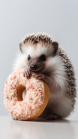 Cute little hedgehog with donut isolated on white background.の素材