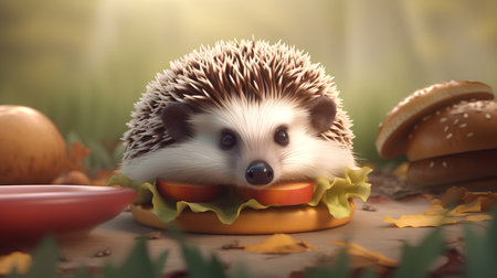 Hedgehog eating a hamburger in the garden. 3d renderingの素材