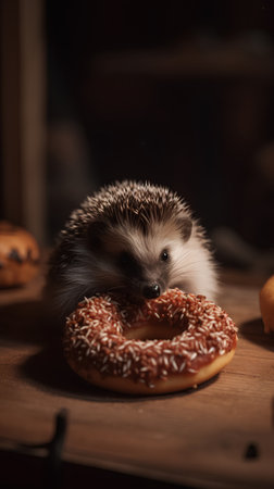 Hedgehog with donuts on a wooden background. Selective focus.の素材