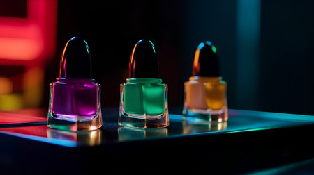 Nail polish bottles in neon light. Beauty and fashion concept.の素材