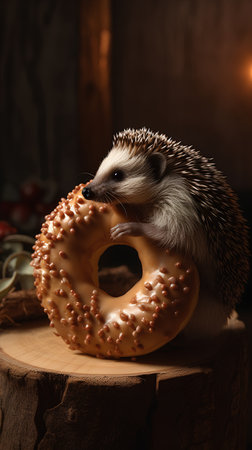 Hedgehog eating donut on a wooden background. Halloween concept.の素材
