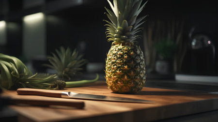 Pineapple on a wooden cutting board in the kitchen. 3d renderingの素材
