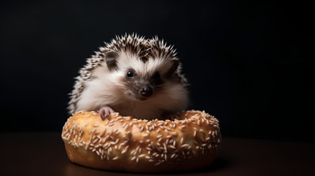 hedgehog on a bagel with sesame seeds on a black backgroundの素材