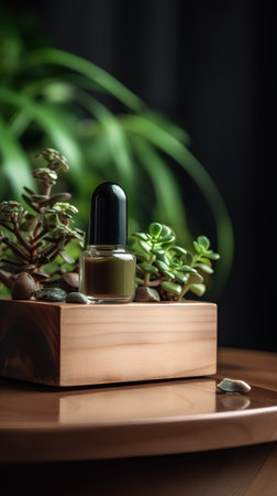 Cosmetic bottle on wooden table with green succulent plant. Natural skin care concept.の素材