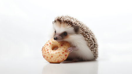 hedgehog with a donut isolated on a white background.の素材