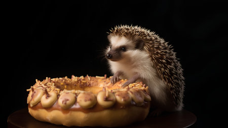 Hedgehog eating a donut on a black background. Studio shot.の素材