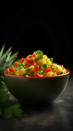 Vegetable salad with paprika in a bowl on a black backgroundの素材