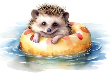 Hedgehog on an inflatable ring in the water. Watercolor illustration.の素材