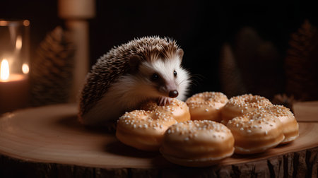 Hedgehog with donuts on a wooden table in the darkの素材