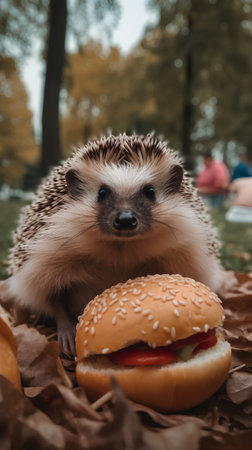 Hedgehog with hamburger on the autumn leaves in the parkの素材