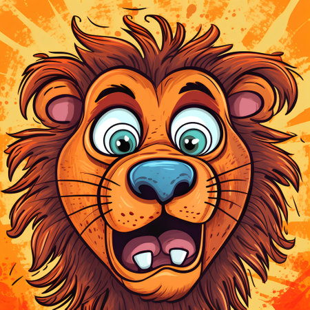 Angry lion head. Vector illustration in cartoon style on orange background.の素材