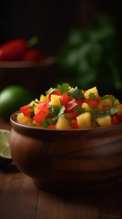 Paprika and mango salad in a bowl on wooden table.の素材