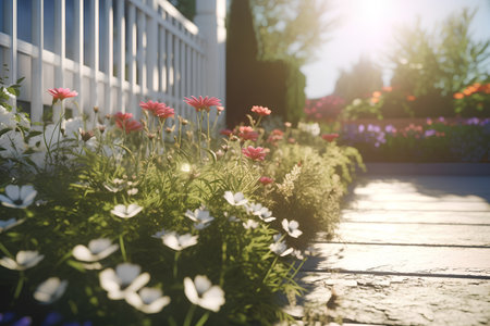 Beautiful flowers in the garden at sunset. Spring nature background.の素材