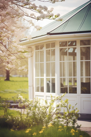 Beautiful spring garden with blooming cherry tree and white gazeboの素材