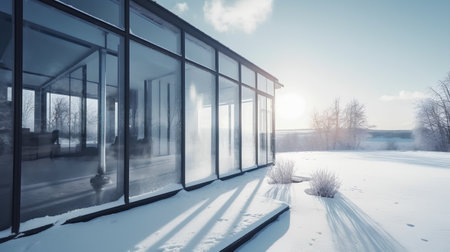 Snowy winter landscape in a modern glass house. 3d renderの素材