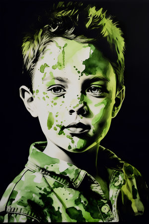 Portrait of a boy with a face painted with green paint.の素材