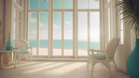 Beach with sea view, chair and table. 3d renderingの素材