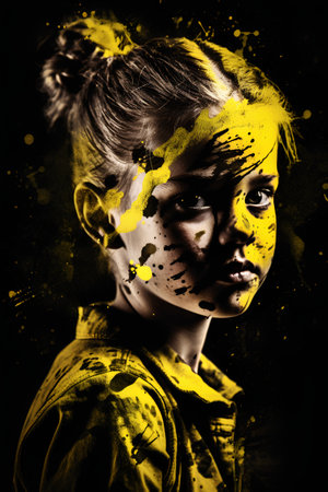Portrait of a beautiful girl painted with yellow paint over black background.の素材