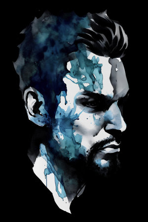 Watercolor portrait of a man with a painted face on a black background.の素材
