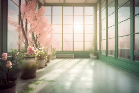 Interior of modern living room with panoramic window and flowersの素材
